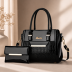 Sac à main élégant pour femme, noir, avec bandoulière réglable et portefeuille assorti, idéal pour soirée ou un usage quotidien. 