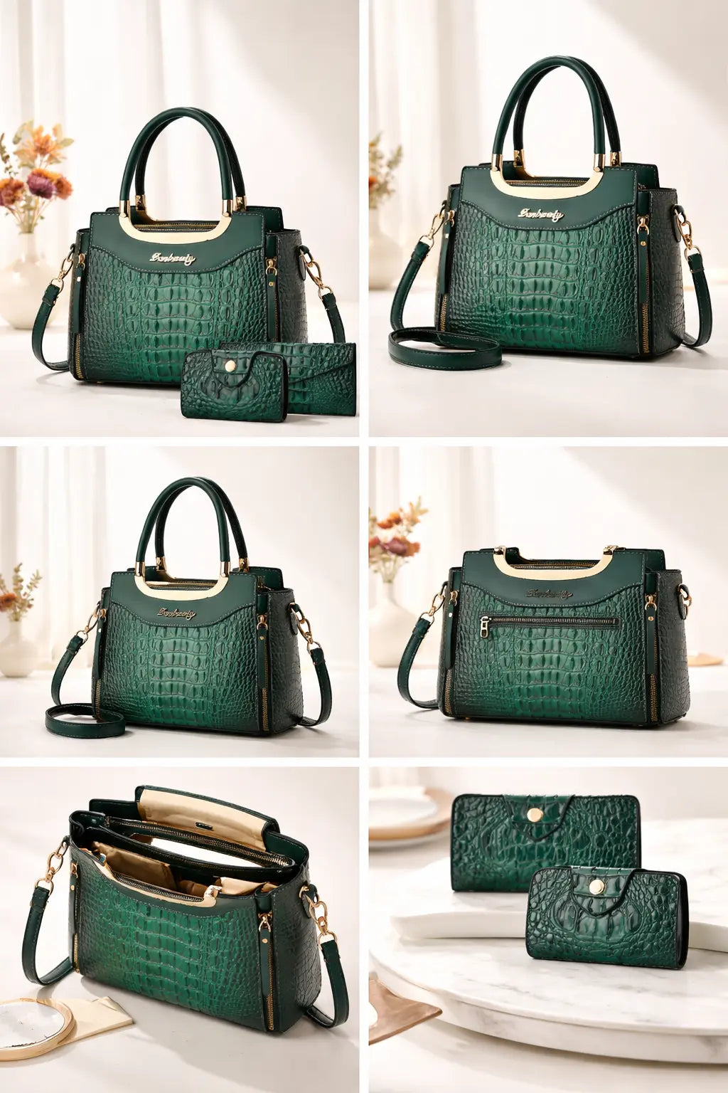 Sac à main femme en cuir effet croco – Vert émeraude ✨ Ismailia
