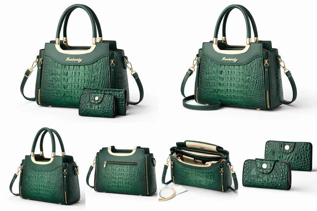 Sac à main femme en cuir effet croco – Vert émeraude ✨ Ismailia