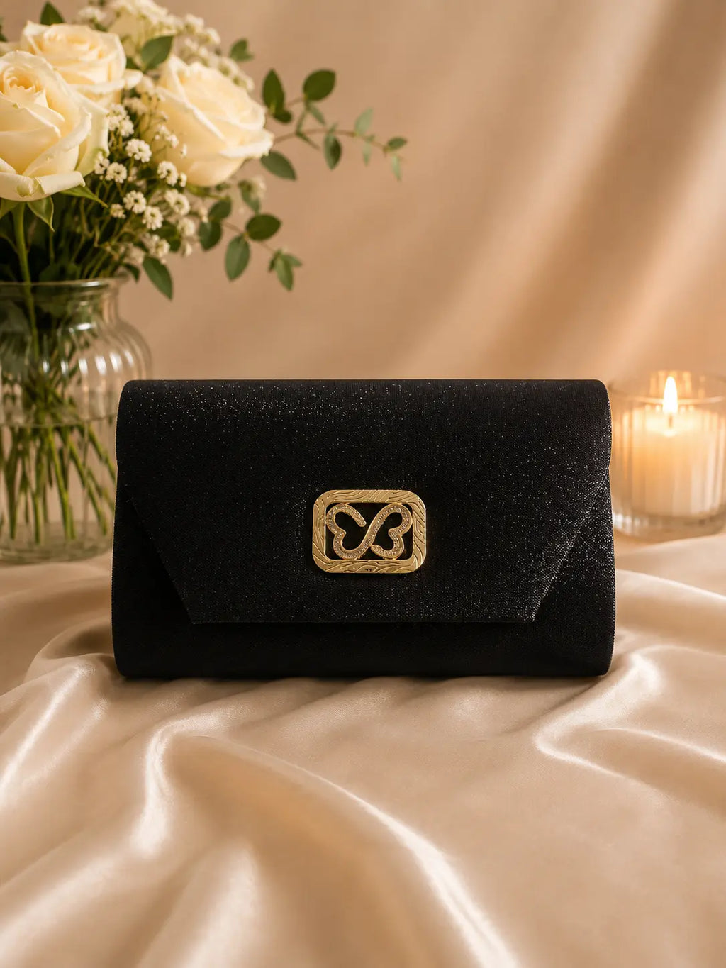 Pochette de soirée gris avec nœud strass