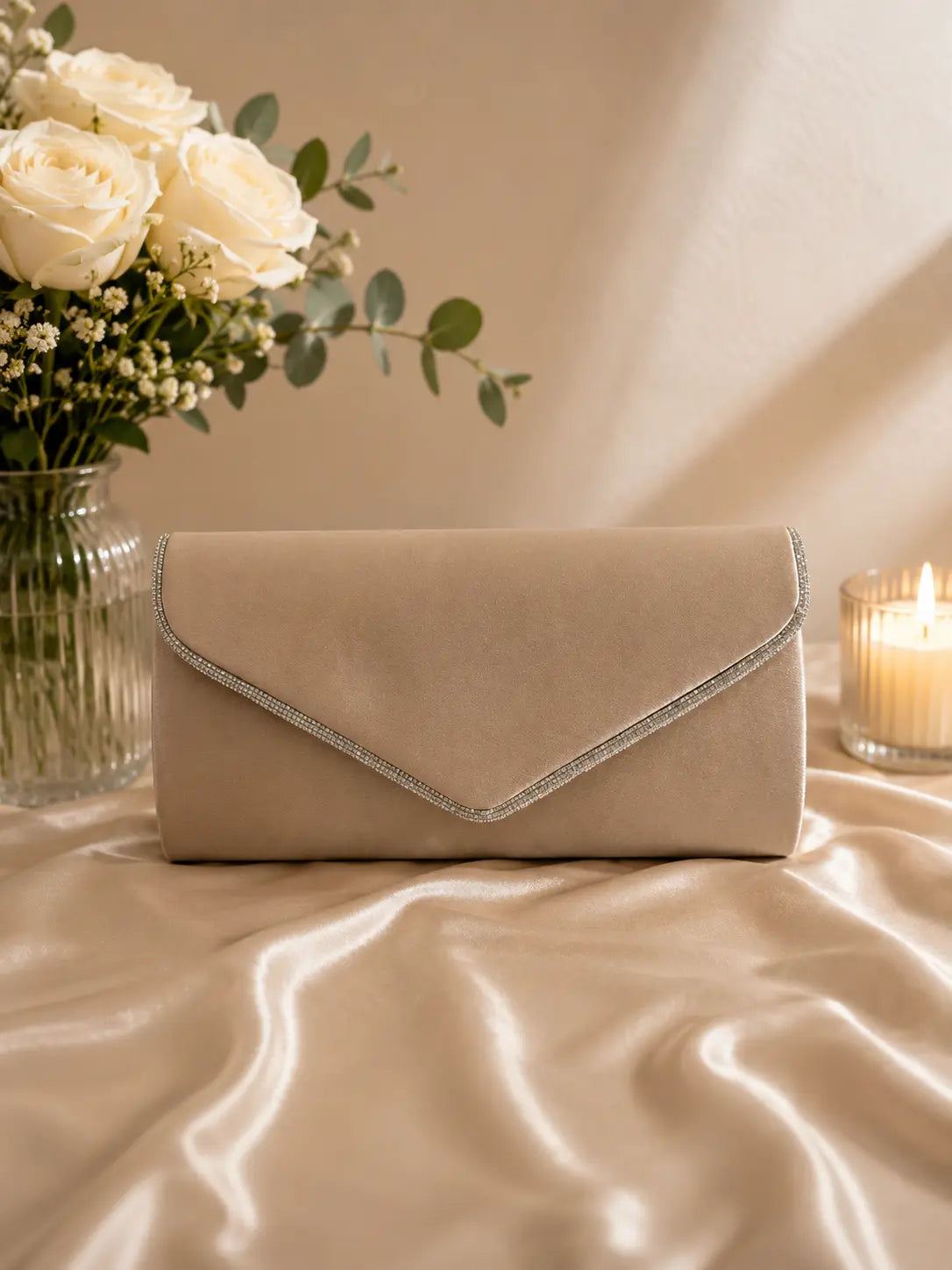 Pochette de soirée gris avec nœud strass